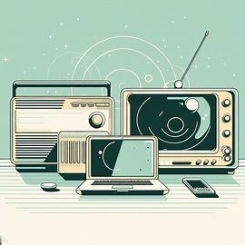 تصویر یک تلوزیون، رادیو و لپتاپ که انواع تبلیغ نویسی را نشان می دهد